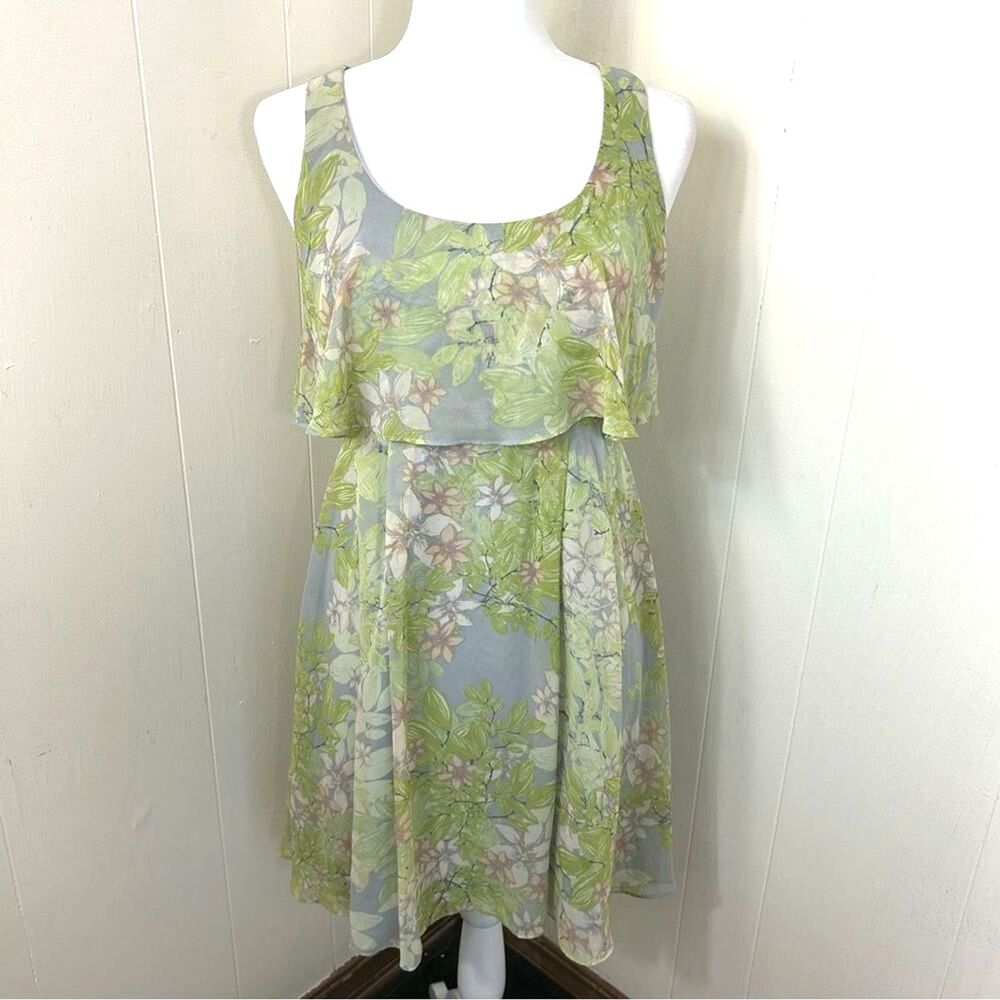 JESSICA SIMPSON Chiffon Floral Flare Dress Size 4 Lime Green Popover Sleeveless